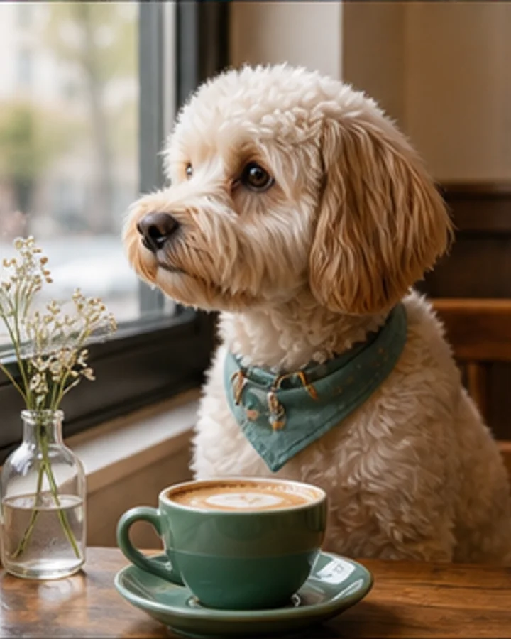 Place a pet beside a calm window table in morning light.