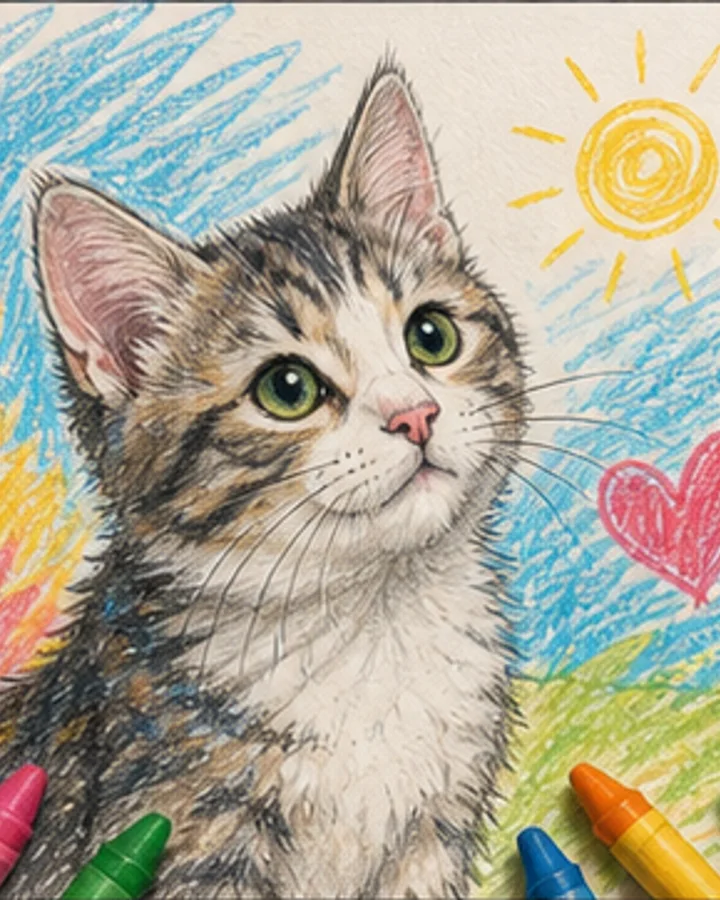 Redraw a pet with playful wax texture and visible strokes.