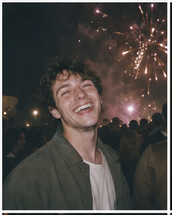 Add distant fireworks and realistic mixed nighttime exposure.