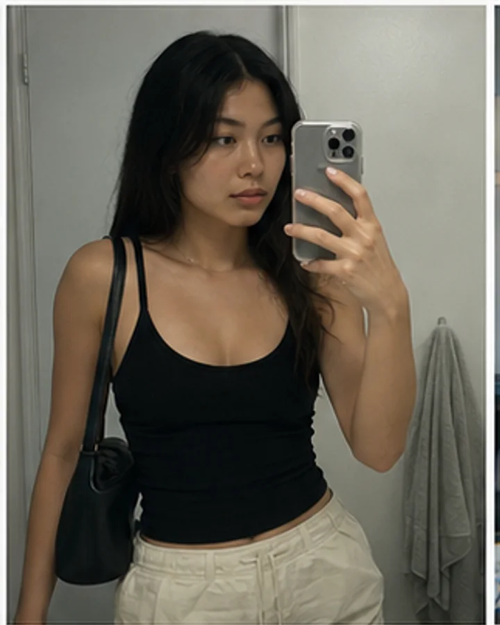 Place a portrait inside a natural contemporary mirror selfie.