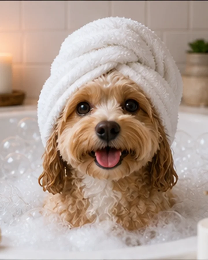 Create a bright bathroom portrait guided by the pet photo.