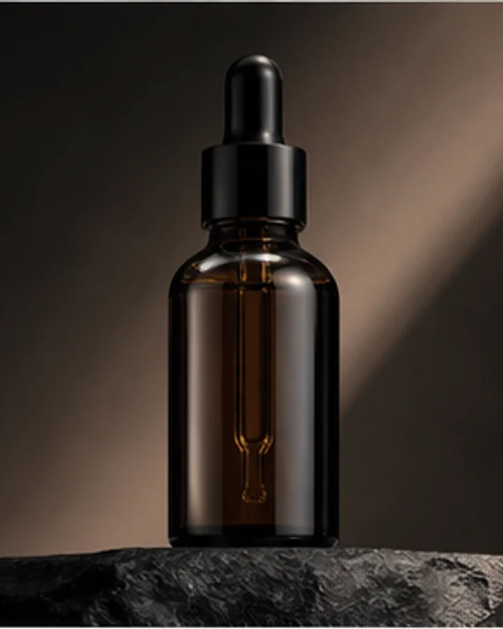 Source image of an amber serum bottle on a dark stone set