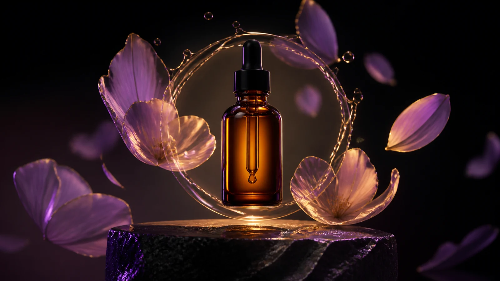 Amber serum bottle on a stone pedestal with botanical shadows