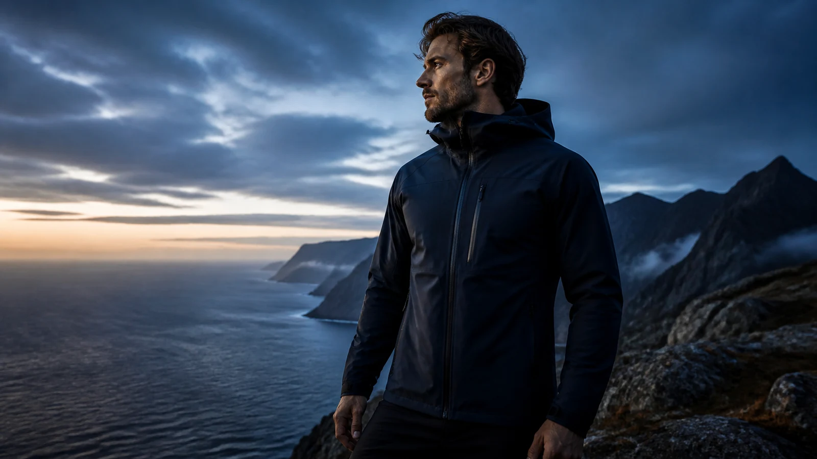 Athlete in technical outerwear above a misty coastline