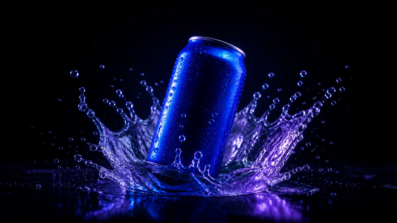 Cobalt beverage can rising through a sculptural water splash