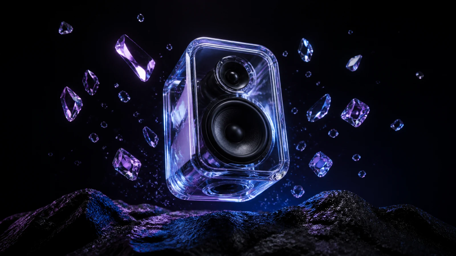 Transparent speaker floating above rock with crystal fragments