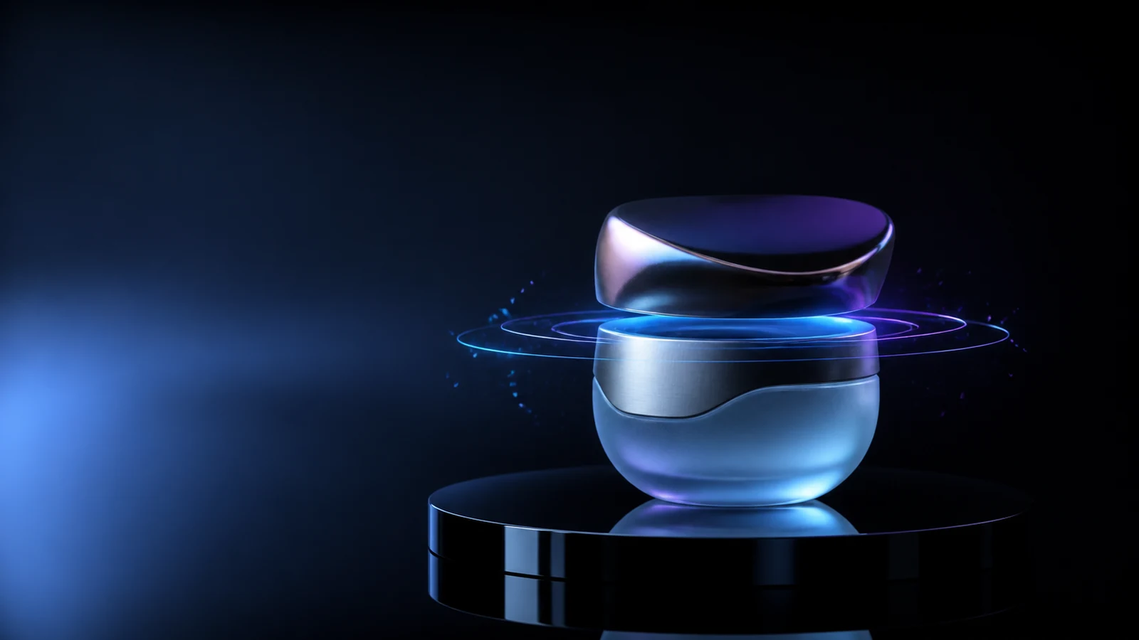 Iridescent sculptural product floating above a studio pedestal