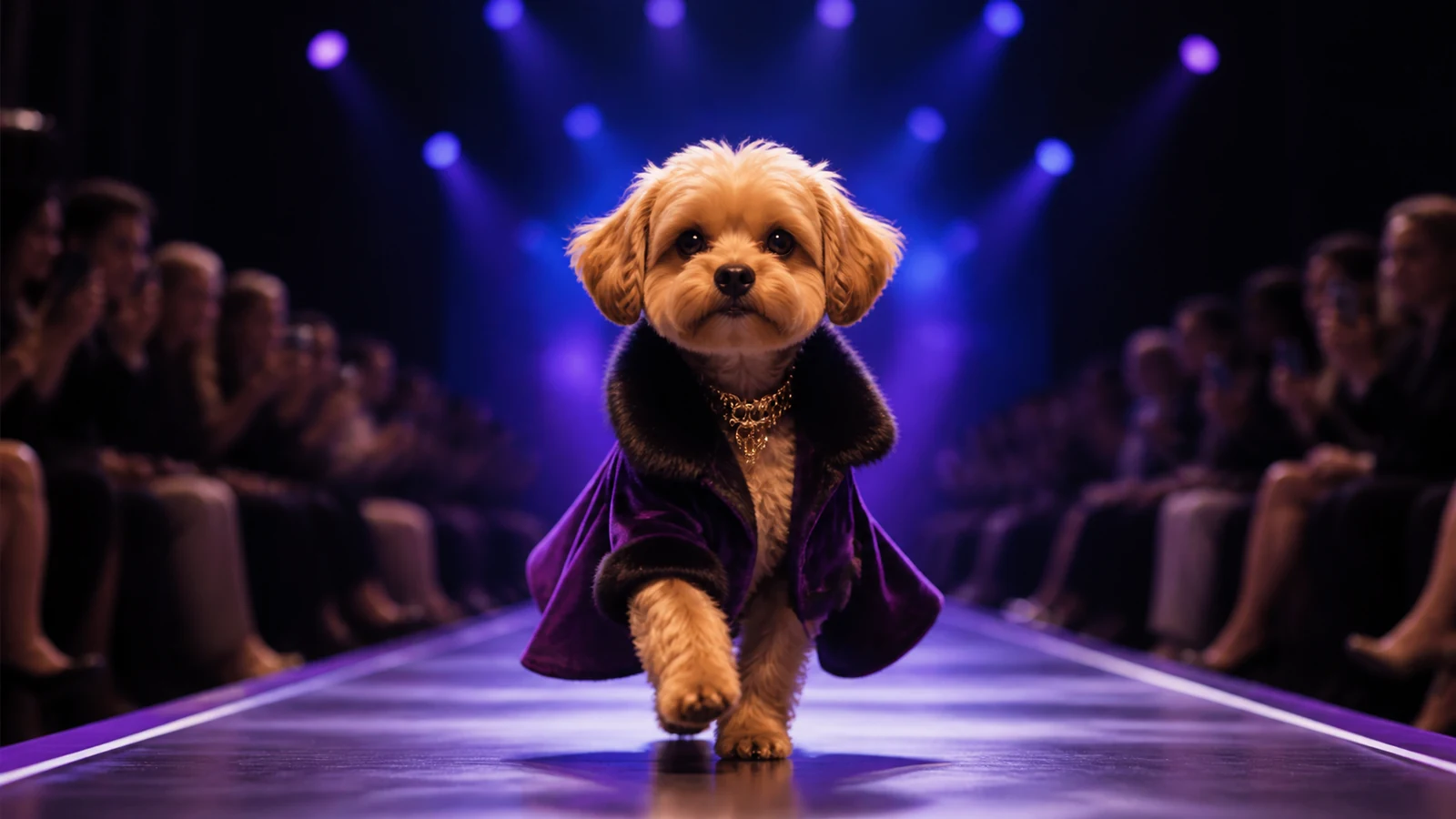 Small dog walking down a violet-lit fashion runway