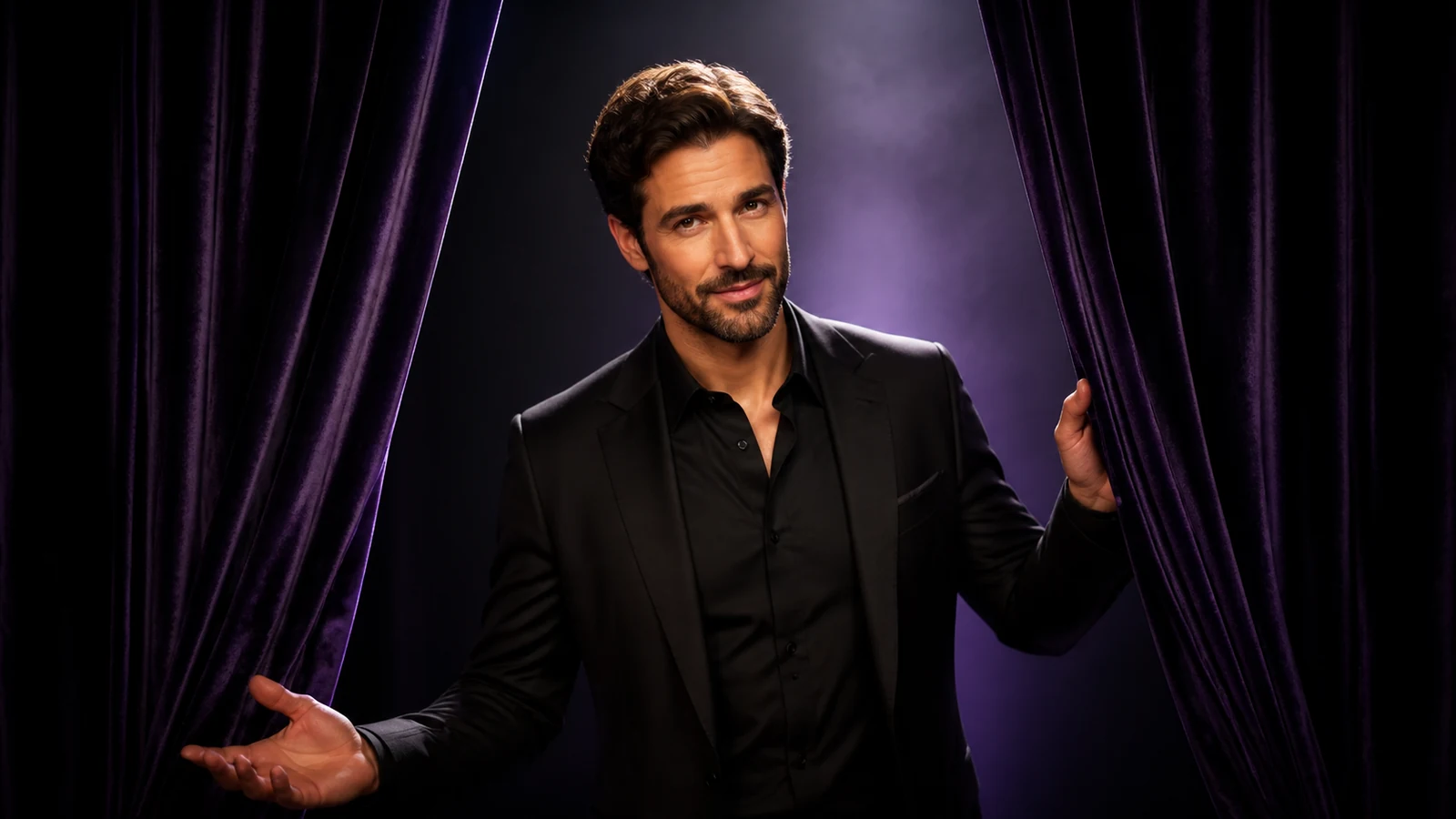 Presenter in a black suit opening deep violet velvet curtains
